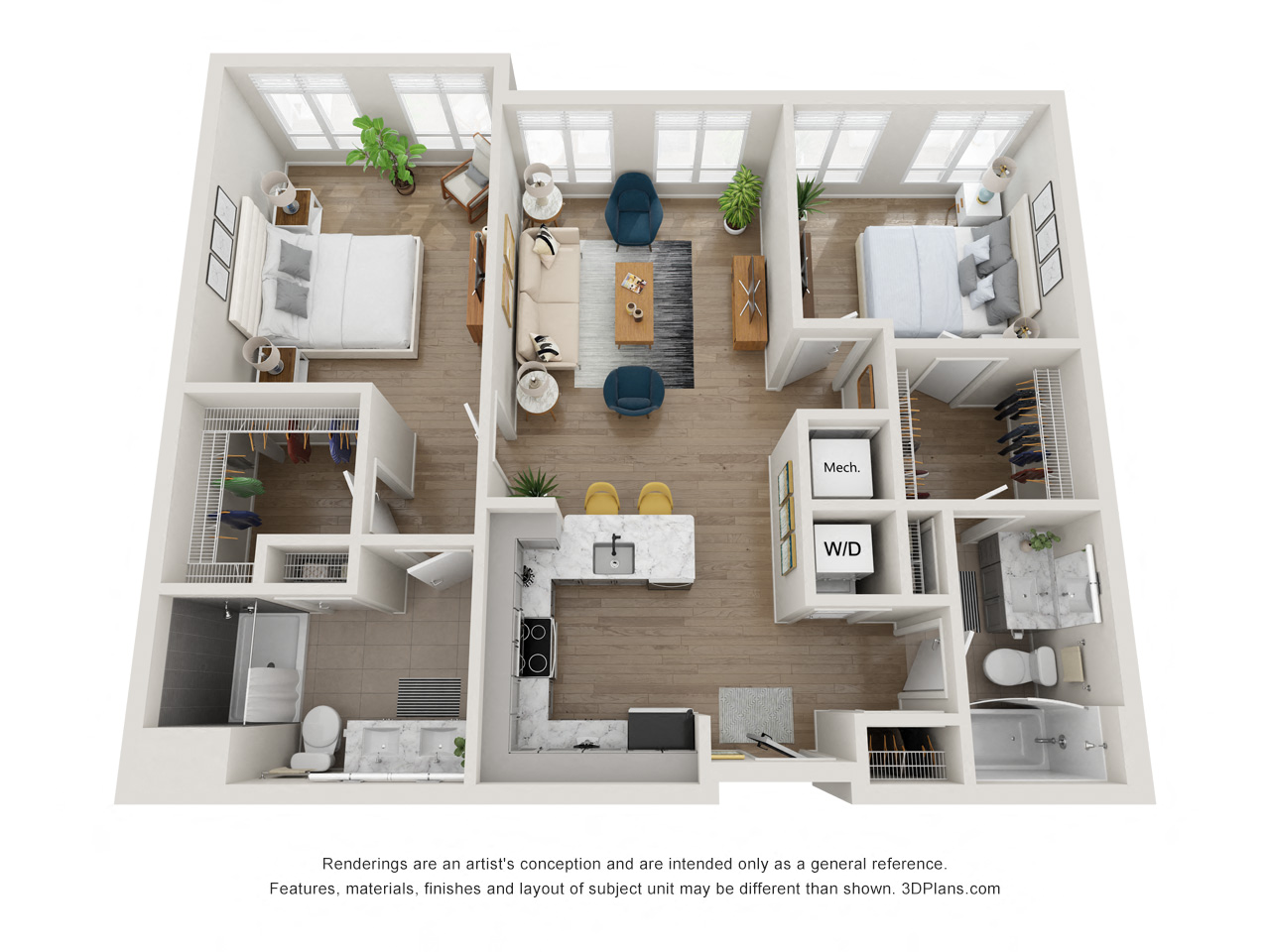 Floor plan for 2 beds, 2 baths, 977 sqft